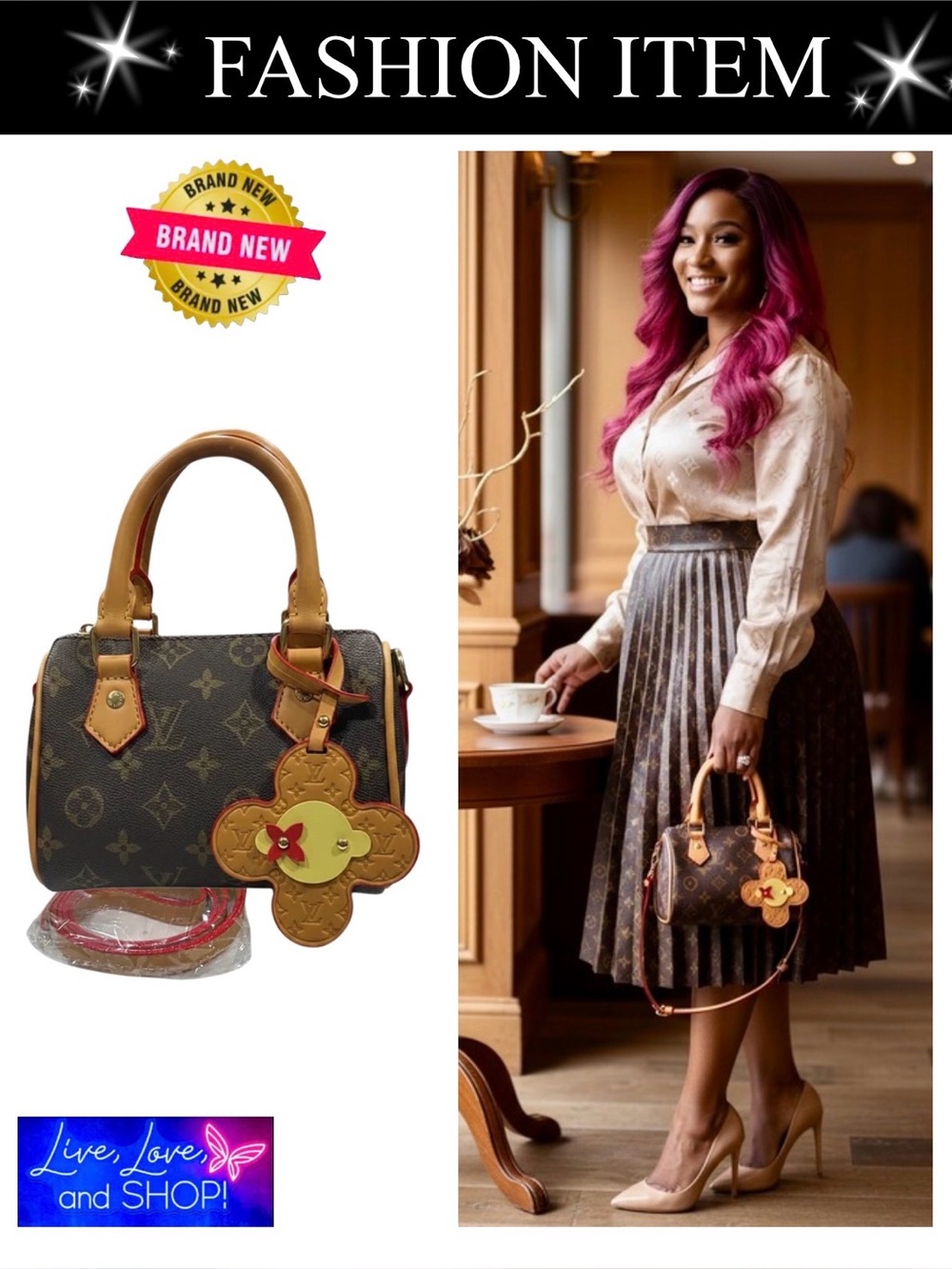 PURSE: Mini Brown & Beige Monogram w/Bag Charm, NWOT